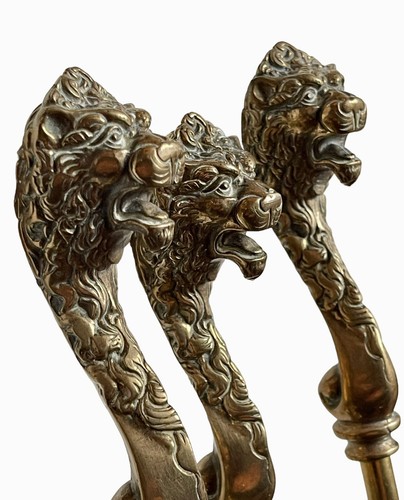 Fire Companion Antique Brass lion head fire irons Circa 1920 Poker Shovel Tongs - Picture 9 of 10