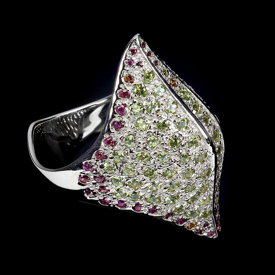 925 Sterling Silver Ring Round Peridot Rhodolite Sapphire Gemstone Jewelry Sz 7 - Image 3 of 4