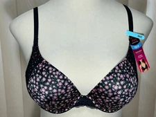 Maidenform Underwire T Shirt Bra 36C Convertible Push Up Black Floral 09428