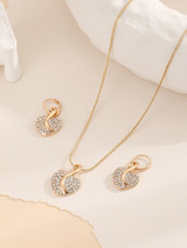 Heart Necklace and Earring Set Rhinestone Crystals Gold Tone Jewelry Set Women
