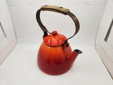 Vtg Descoware Kettle Teapot Flame Orange Enameled Cast Iron Copper MCM