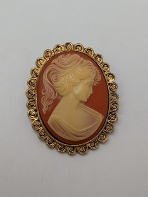 Vintage 1950s Lady's face Oval Shape Plastic gold tone metal frame Cameo brooch