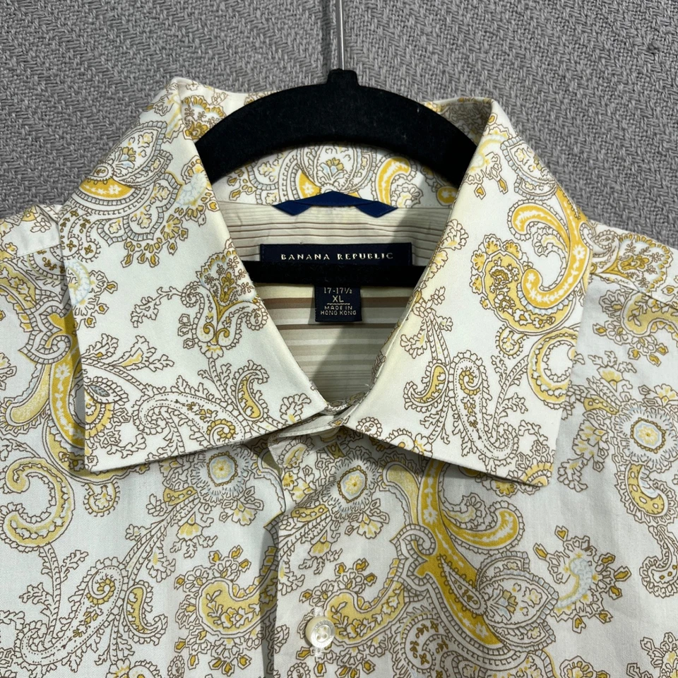 Camisa Banana Republic Para Hombre XL 17-17.5 Amarillo Estampado Paisley Puño Francés Clásica Foto 4 de 4