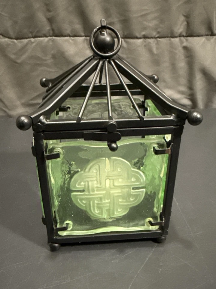 Linterna colgante china asiática Partylite metal negro vidrio verde 8" Foto 2 de 4