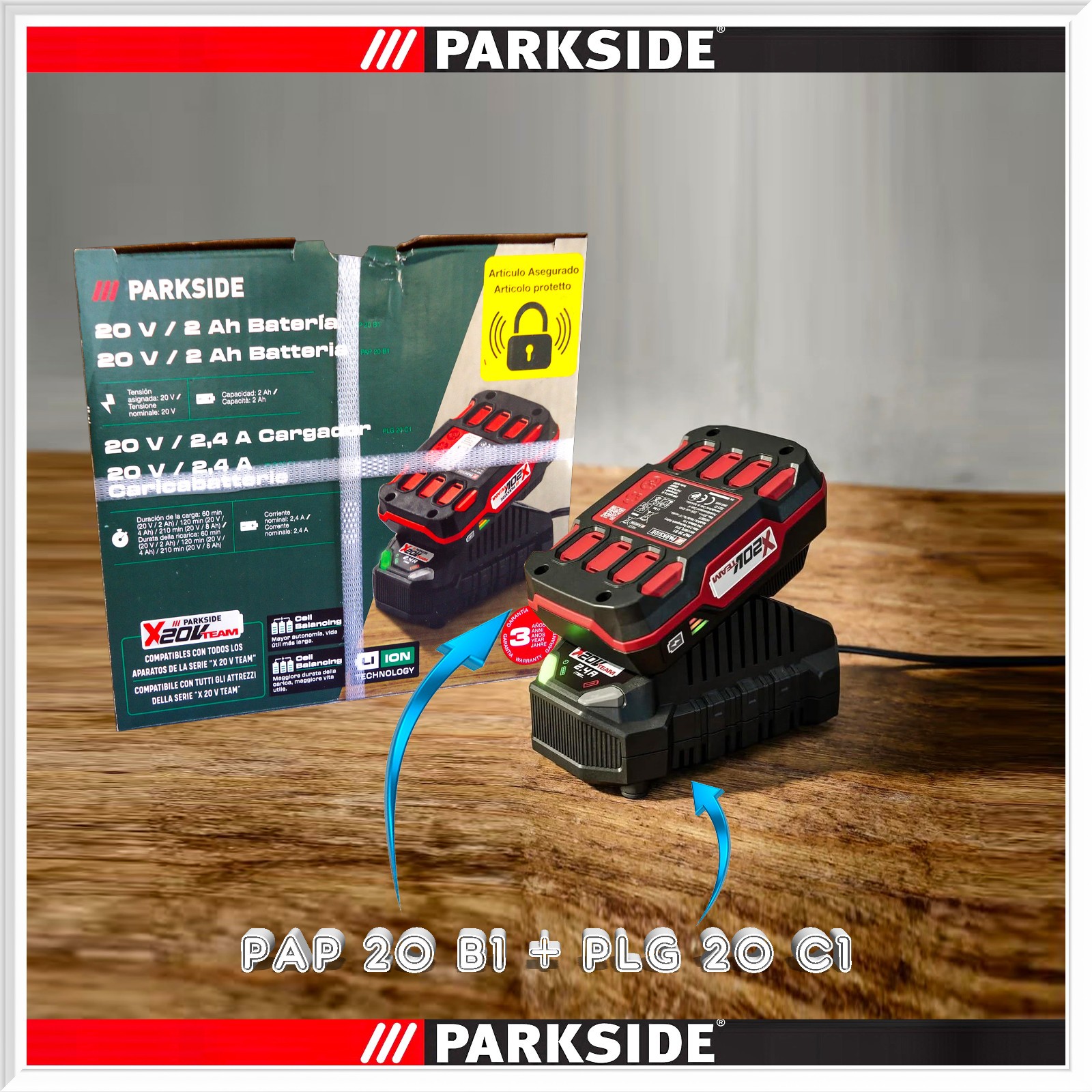 Parkside Batteria 20 Volt 2 Ah PAP 20 B1 con Caricabatteria 2,4 A PLG 20 C1