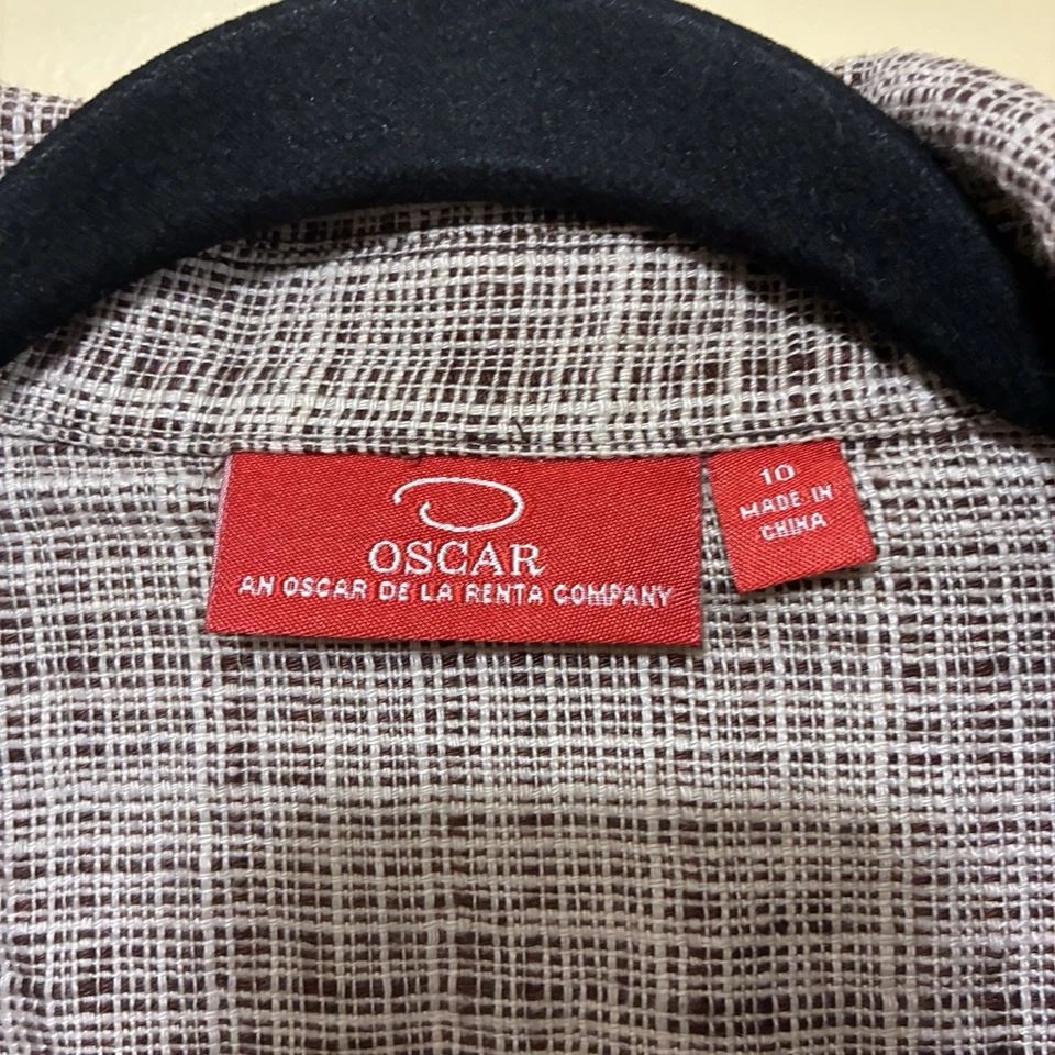 Blazer Oscar De La Renta de lino a cuadros para mujer 10 marrón manga corta botón delantero Foto 4 de 4