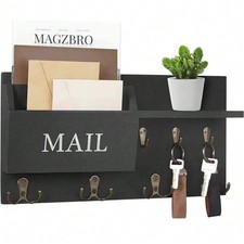 Wall Key Holder Mail Organizer Shelf w/ Hooks Entryway Rack