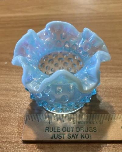 Fenton Blue Opalescent Hobnail Vase Rose Bowl 3" Ruffled Edge Vintage