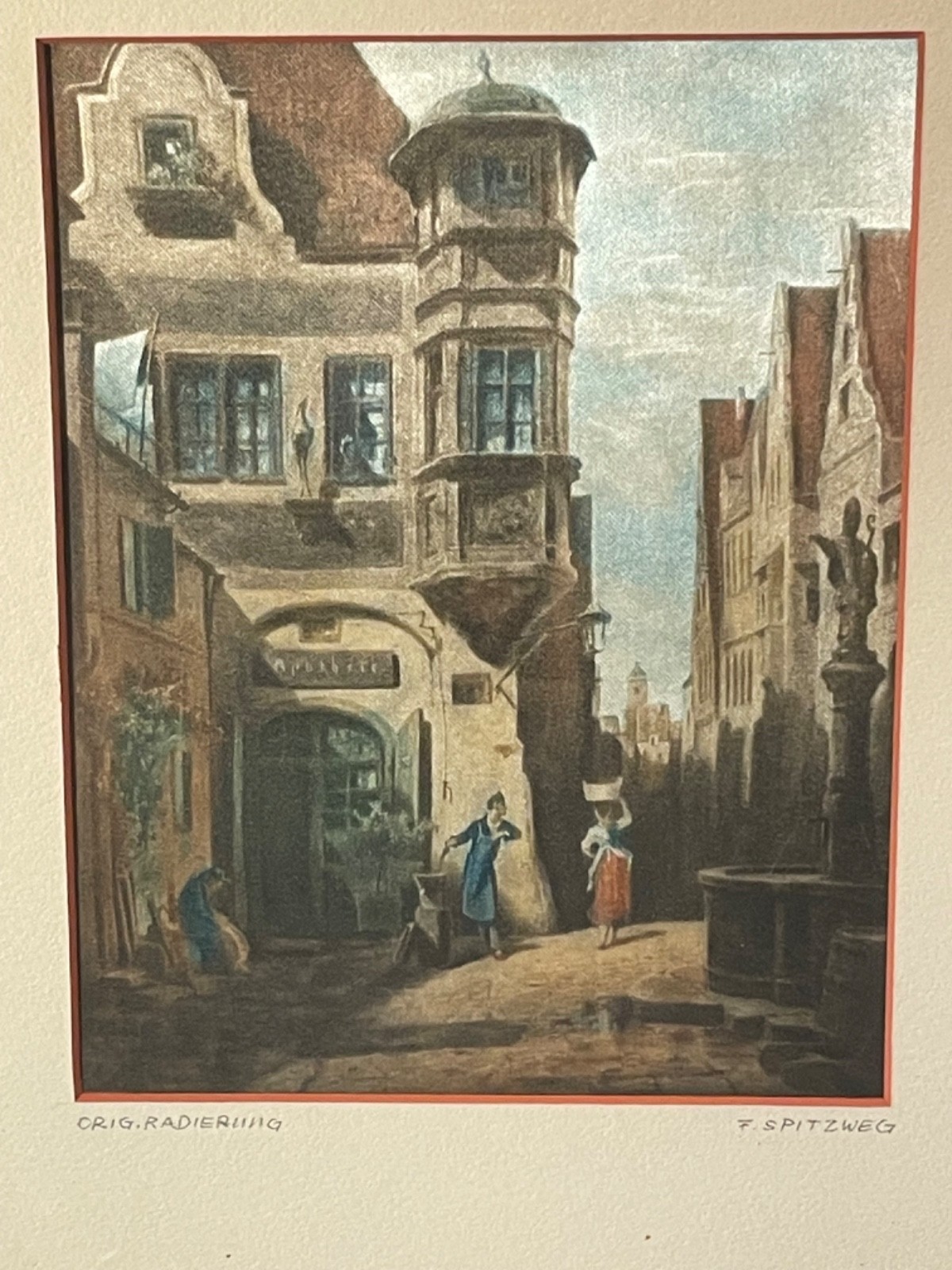 🖼✨Vintage Austrian “Original Etching on Satin” – Carl Spitzweg European Street