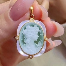 925 sterling silver green Agate Cameo vintage jewelry Pendant estate jewelry