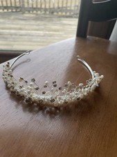 David's Bridal Tiara Collection Silver White Headband with Pearls and Crystals