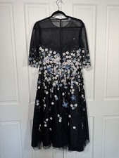 Mac Duggal Black Multi Floral Appliqué Midi Cocktail Dress Women's 10 $598