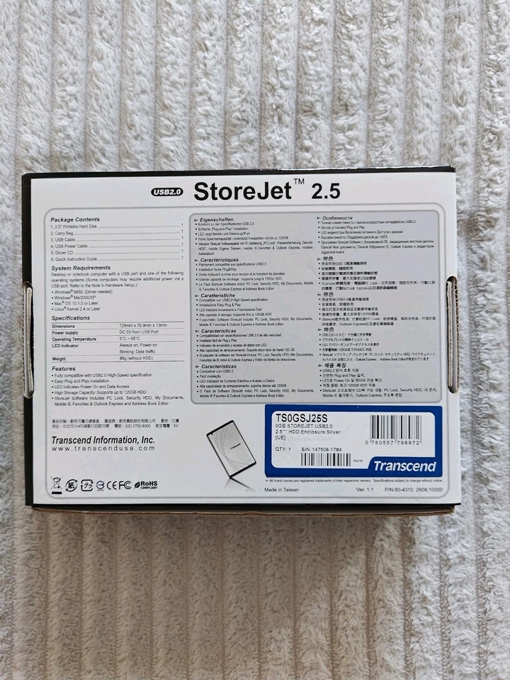 Transcend 0Gb StoreJet External 2.5" HDD Enclosure USB2.0 (Silver) - Image 2 of 4