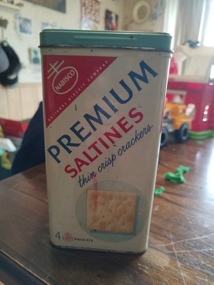 Nabisco Premium Saltines Cracker Tin Container with Blue Lid 1960's Vintage 9''