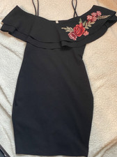 Chocolate Black Off Shoulder Spaghetti Strap Floral Embroidered Bodycon Dress