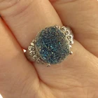 Vintage DI 925 Sterling Silver BLUE DRUZY Quartz Oval Gemstone Women Ring - 7