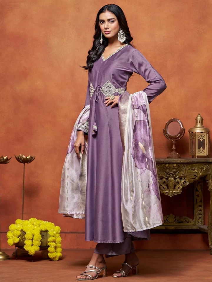 Women's Cotton Silk Embroidered Anarkali Kurta Palazzo with Digital Print Dupata - Image 3 of 4