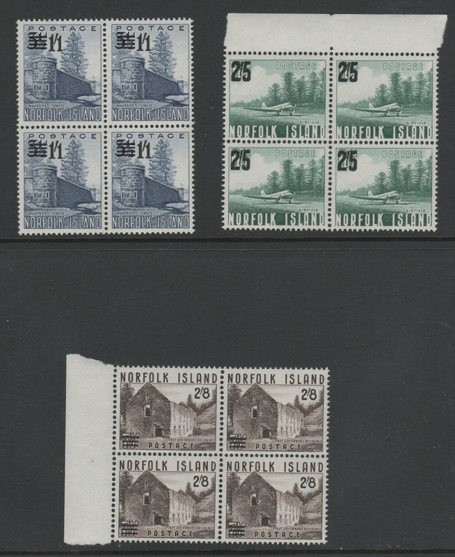 Norfolk Islands 1960 Surcharges Sc 26 - 28 MNH VF Blocks of 4 CV $86+