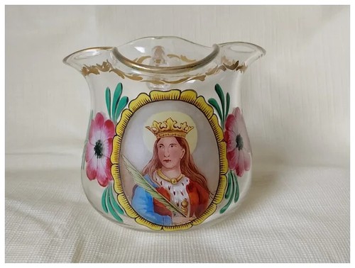 Vintage European Enameled Glass Pitcher, Creamer, Queen or Saint