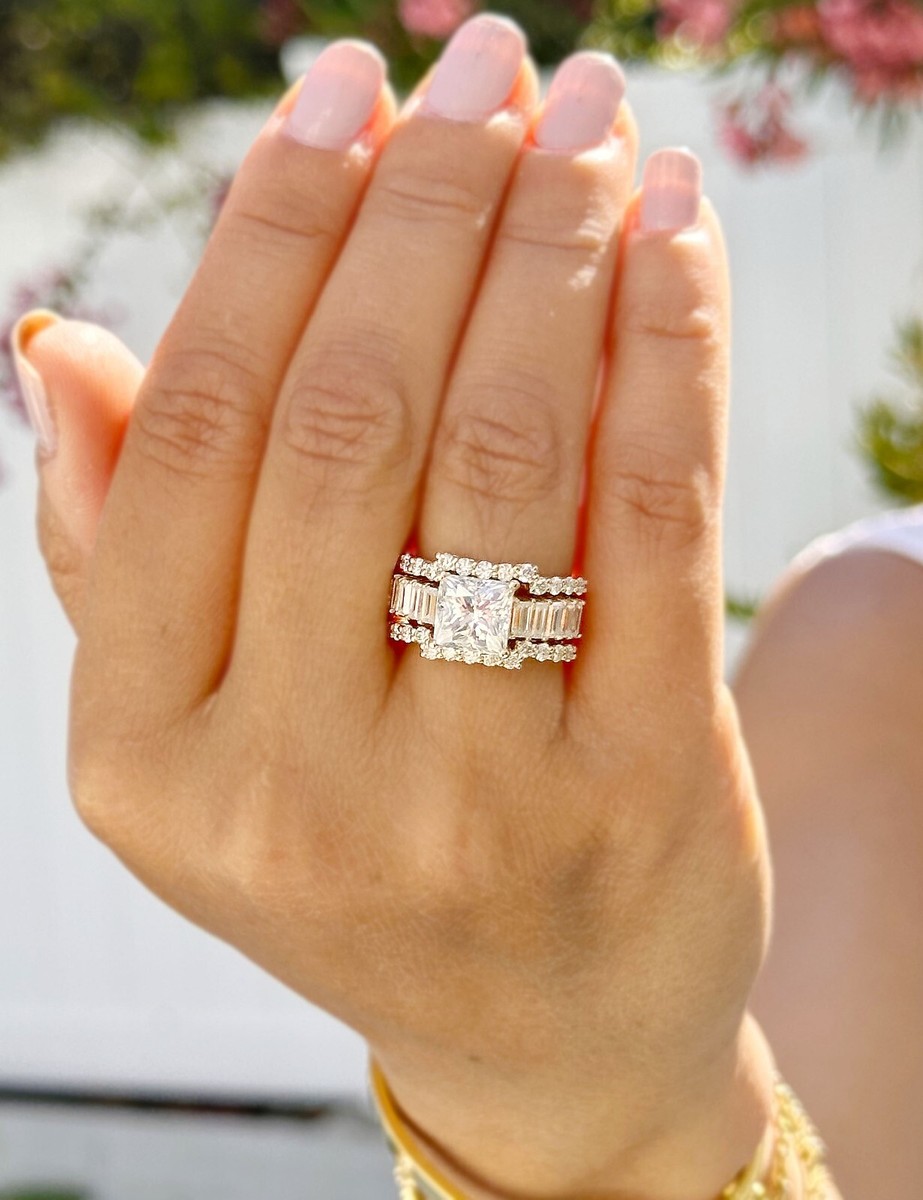 Princess Cut Engagement Ring Two Bands IGI Certified 14K Solid Yellow Gold 