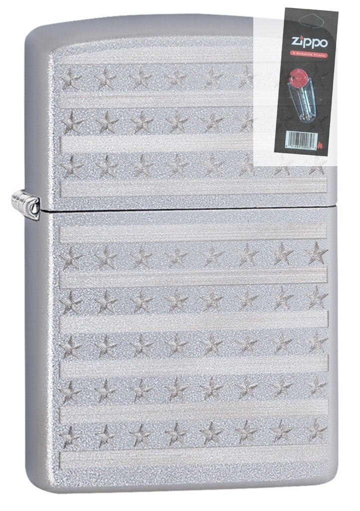 Zippo 49132 Stars & Bars Satin Chrome Auto Engrave Lighter + FLINT
