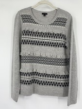 Talbots Women's Small Ruffle Fair Isle Sweater Pullover Gray Crewneck Lambswool