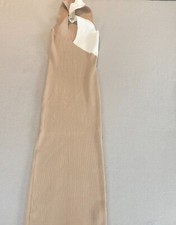 Shein Bodycon Dress Womens 4 Tan White Rib Twist Front Back Slit Midi Pulled