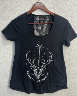 Harry Potter Expecto Patronum Tee Stag Wand Spell Graphic Black Shirt S