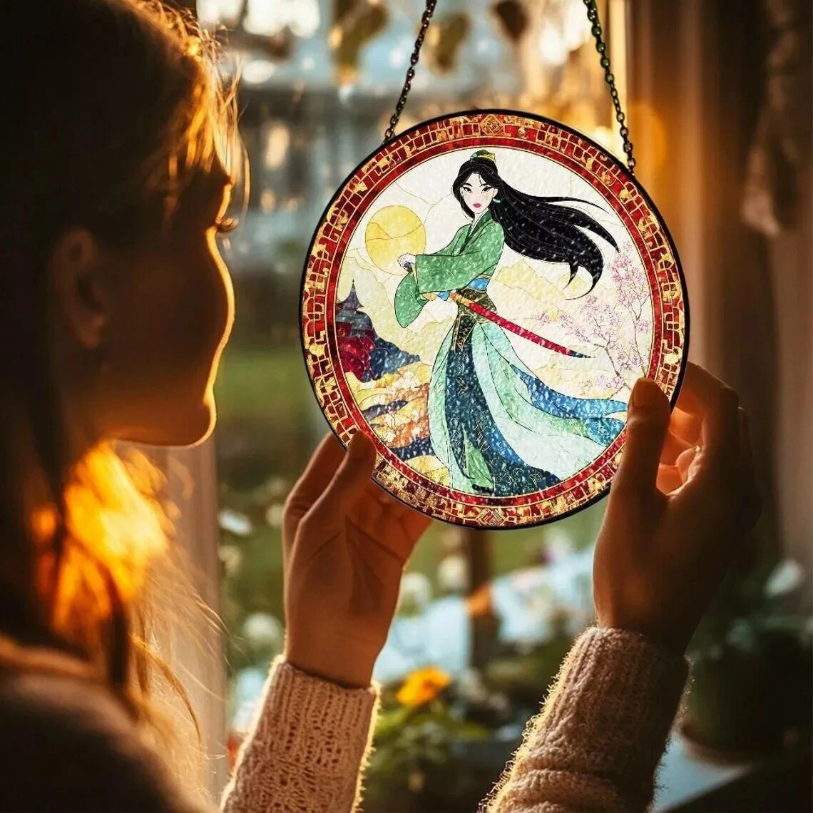 Mulan Princess Stained Glass Suncatcher Window Hanging Decor