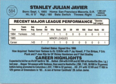 1986 Donruss #584 Stan Javier RC Rookie Oakland Athletics *+* | eBay