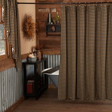 Black & Tan Check Cotton Shower Curtain Hook Holes & Rod Pocket w/ Scalloped Hem