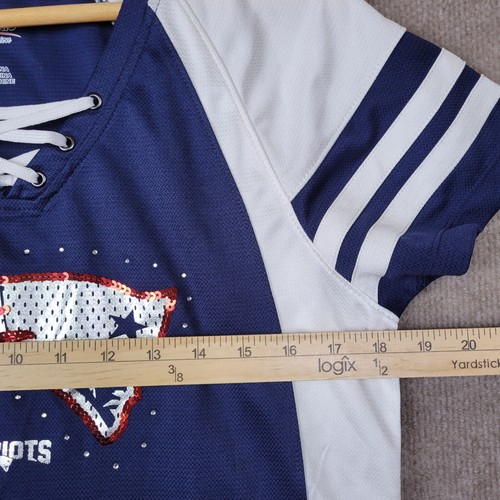 MAJESTIC New England Patriots Top Women's Large NFL Blue Sparkle Football Fan - Picture 6 of 10