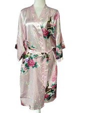 Peacock Floral Kimono Robe Womens One Size Pink Satin Belted 3/4 Sleeve