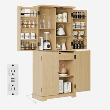 70" Fluted Kitchen Pantry Cupboard Tall Storage Cabinet W/adjust Shelves Socket