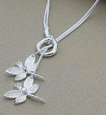 925 Sterling Silver Two Dragonfly Charm Necklace 16 Inch Snake Chain Jewelry