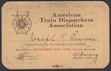 American Train Dispatchers Association membership card 1919