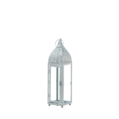 Small Silver Moroccan Style Lantern Made Of Iron & Glass With Cutouts Home Decor