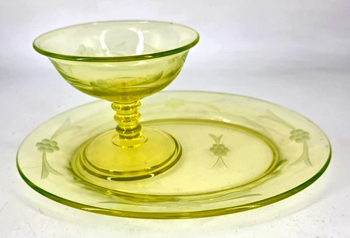 Vintage 1930s Uranium Depression Glass yellow-green ETCHED FLORAL PLATE SHERBERT