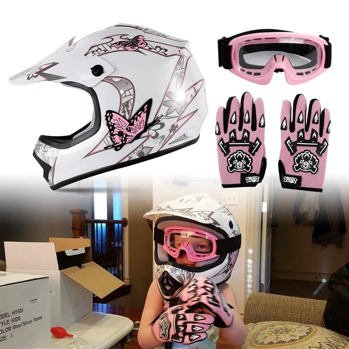 DOT Youth Helmet Child Kid Pink Butterfly Street Dirt Bike