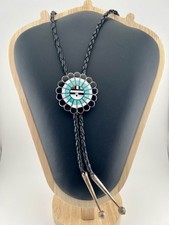 Vintage Zuni Signed J.D. MASSIE Sterling Silver Multi-Stone Inlay Bolo Tie 39.7g