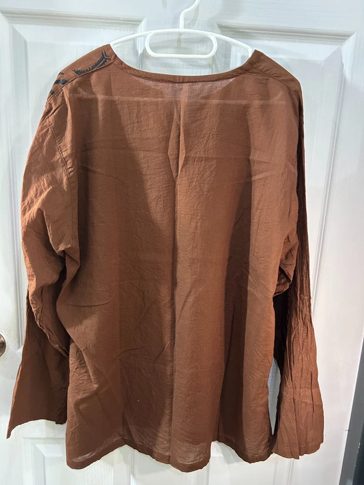 Thai Shirt cotton Thin Long Sleeve brown Hipie Yoga boho Bali Tribe Beach Print - Image 2 of 4