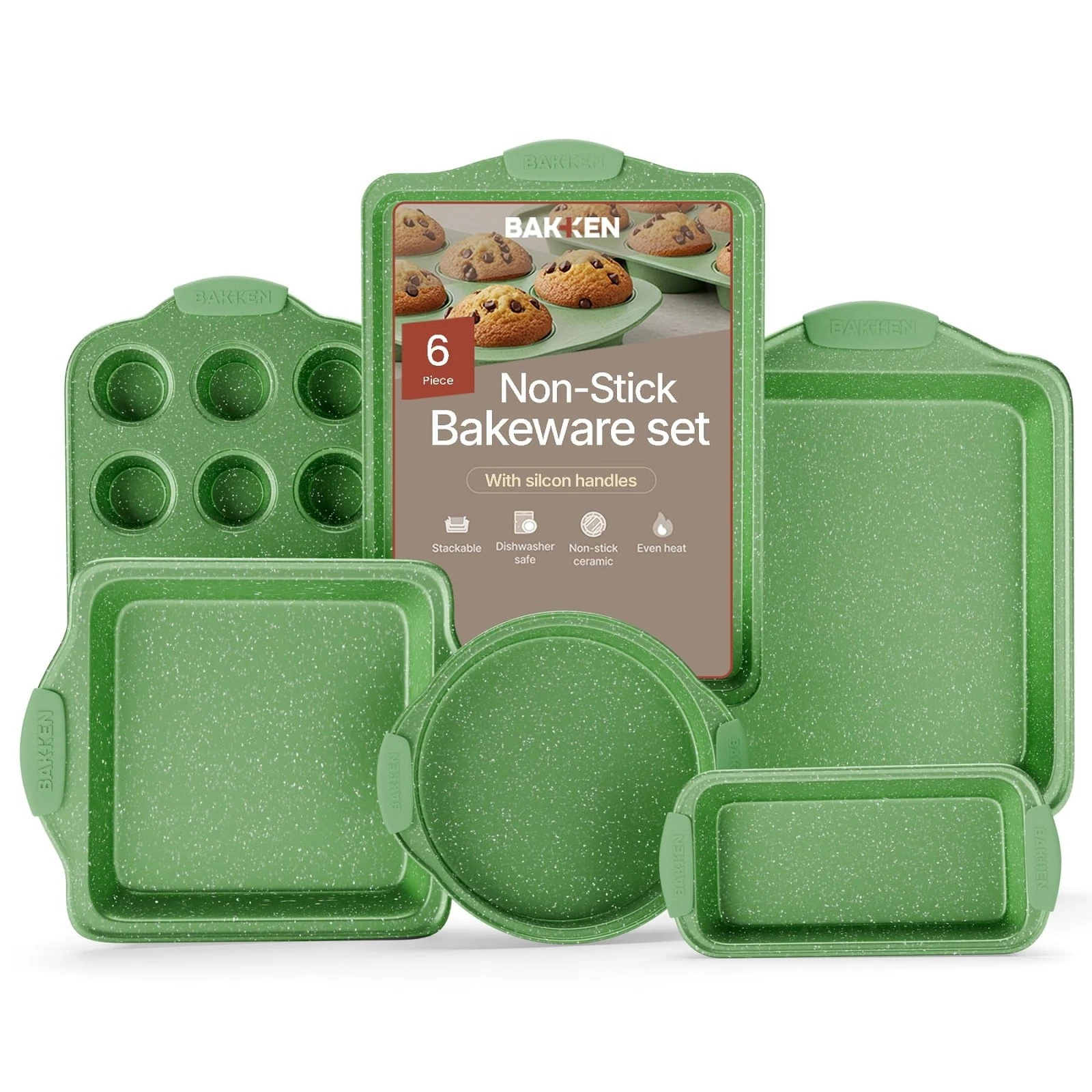 6-Piece Kitchen Baking Pan Set – Nonstick Green Marble Coating W/ Green Silicone