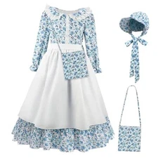 Pioneer Girls Costume Colonial Prairie Dress for Kids 5-6 Years Light Blue