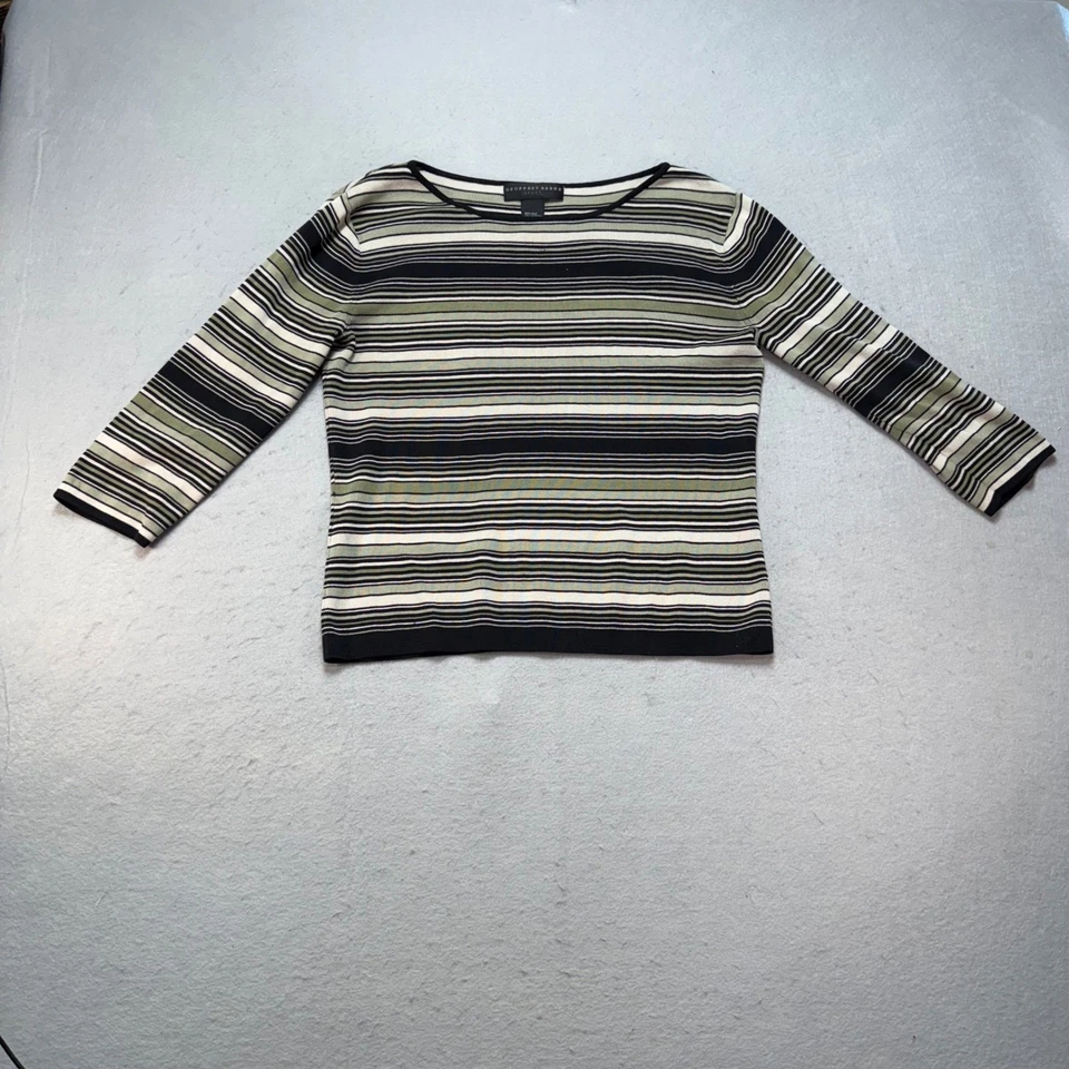 Top deportivo tejido a rayas Geoffrey Beene mezcla de seda verde oliva negro blanco M Foto 4 de 4