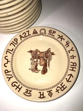 1942 WALLACE CHINA BOOTS & SADDLE SALAD PLATE WESTERN 7 1/8  BRAND ROPE GOODAN