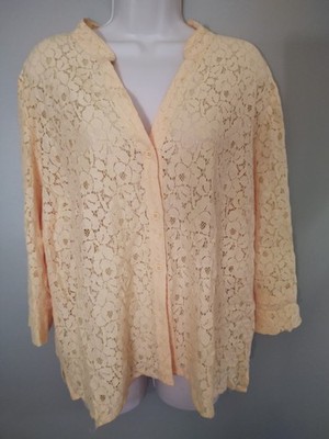 Lemon Yellow Lace Popover Cottage Core Garden Countryside Long Sleeve  Sz 2X