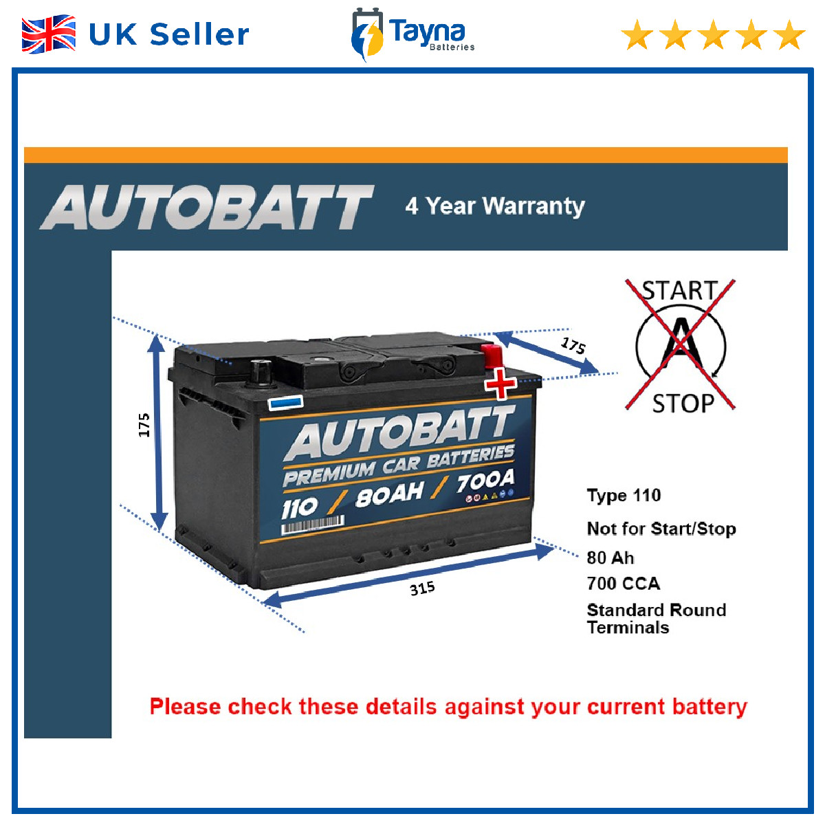 Car Battery 110 Autobatt 110 700A 80Ah 4Yr Warranty 315x175x175