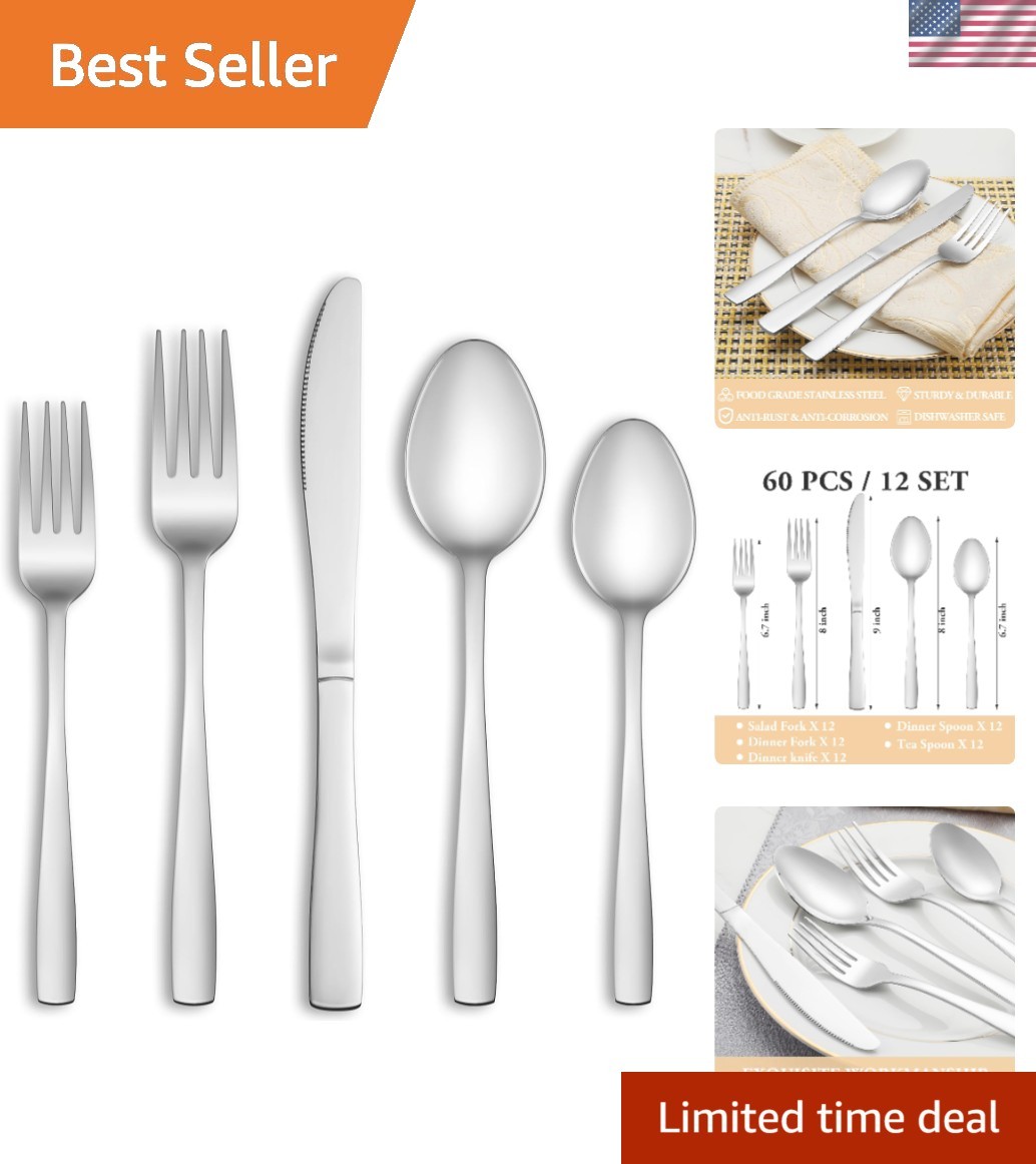 Complete 60 Piece Silverware Set - Comfort-Designed Cutlery for Indoor & Outdoor