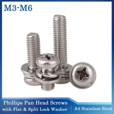 M3-M6 Phillips Pan Head Screws with Flat & Split Lock Washer A4 Stainless Steel