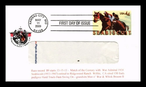 US COVER FIRST DAY OF ISSUE SEABISCUIT 44C POSTAGE KANSAS CITY MISSOURI